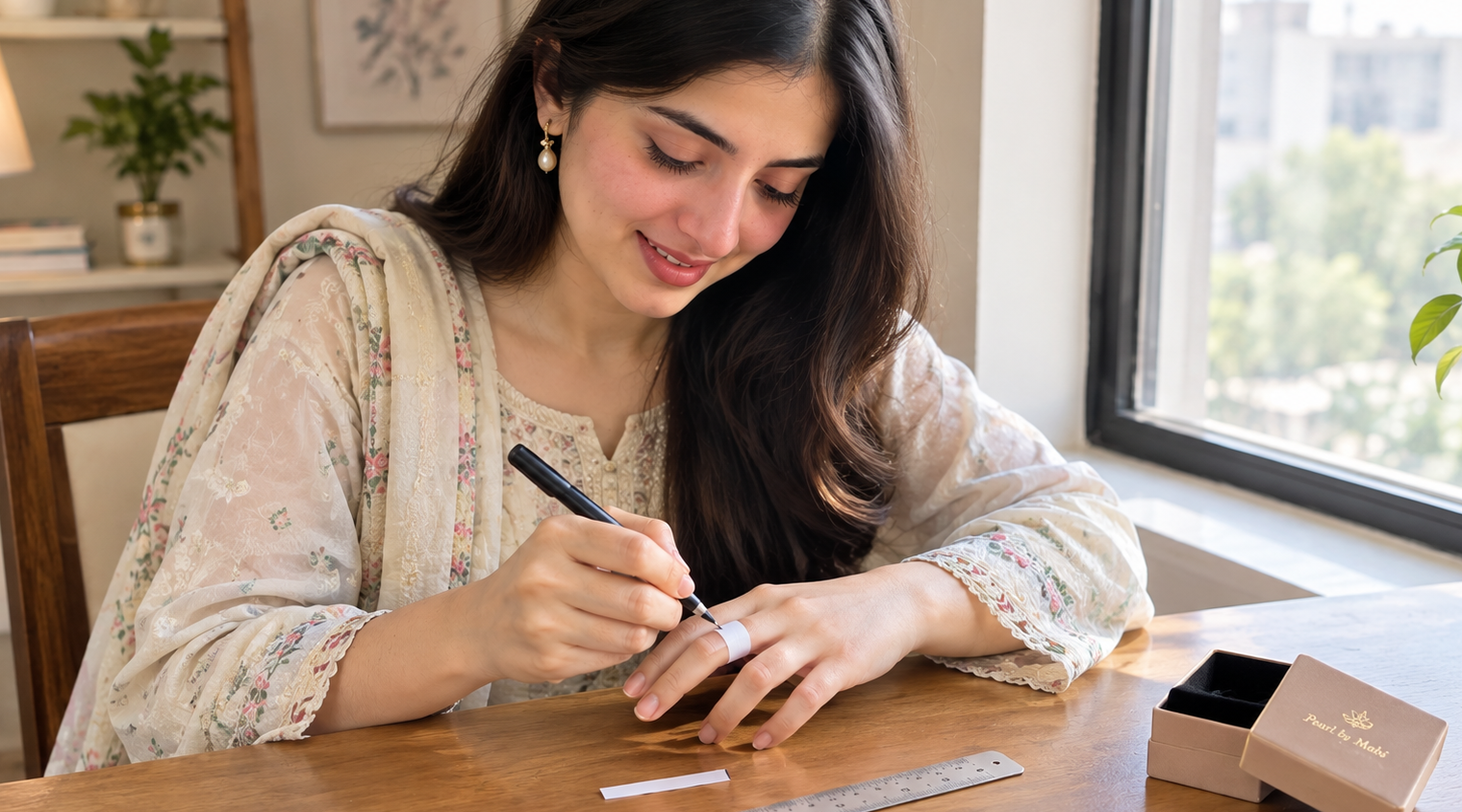 Woman measuring her finger with a paper strip and ruler for a ring size guide at home in Pakistan
