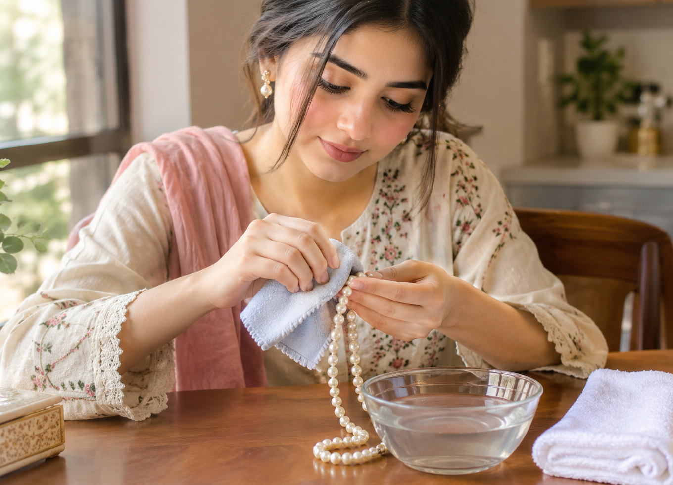 Woman using a soft cloth and lukewarm water to clean pearl jewellery at home